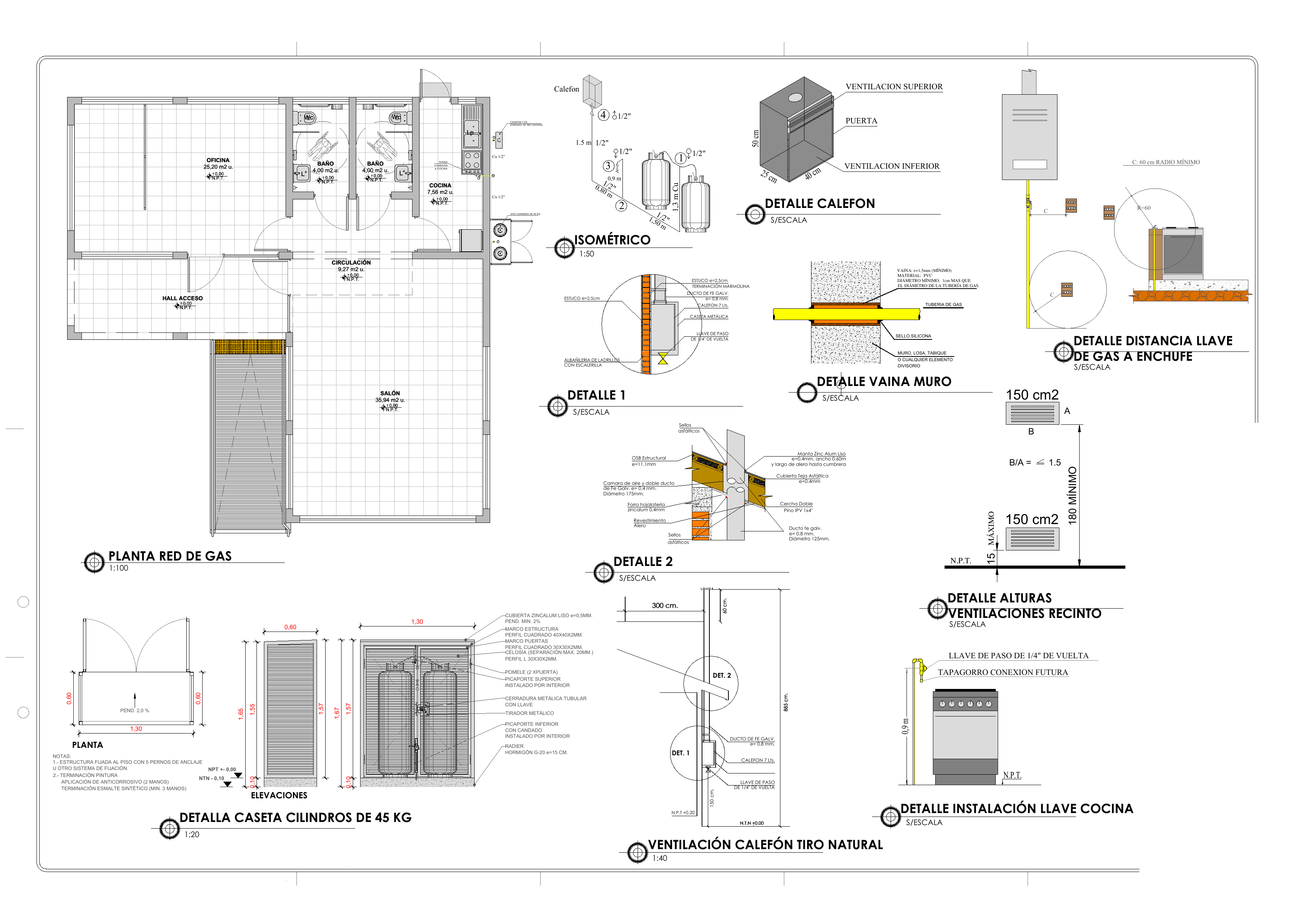 Plano de gas con planta, isométrico y detalles constructivos